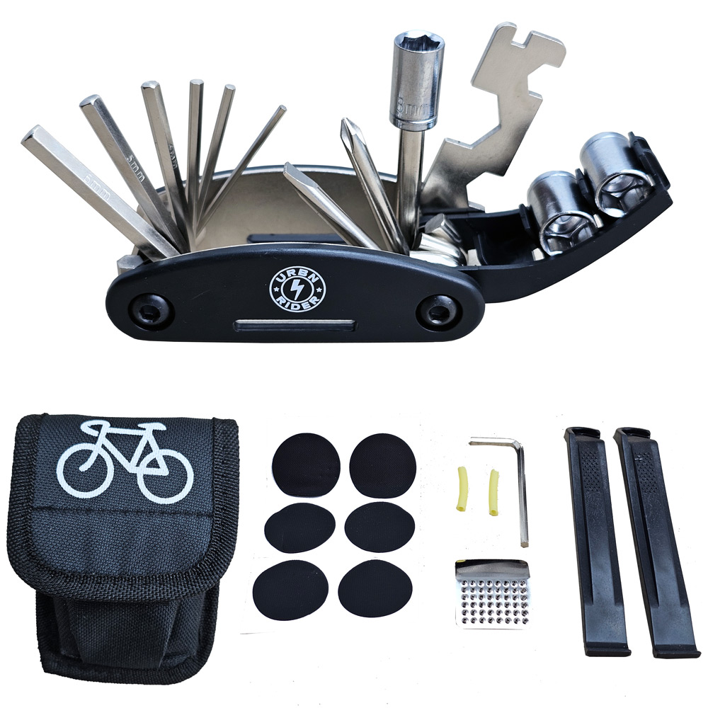 UrbnRider Bike Repair Set mit 16-in-1 Multitool + 6 x Flicken + Reibe + Mantelheber in praktischer Tasche UrbnRider Bike Repair Set mit 16-in-1 Multitool + 6 x Flicken + Reibe + Mantelheber in praktischer Tasche